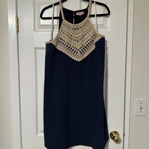 Lilly Pulitzer Navy & Gold Pearl Halter Dress